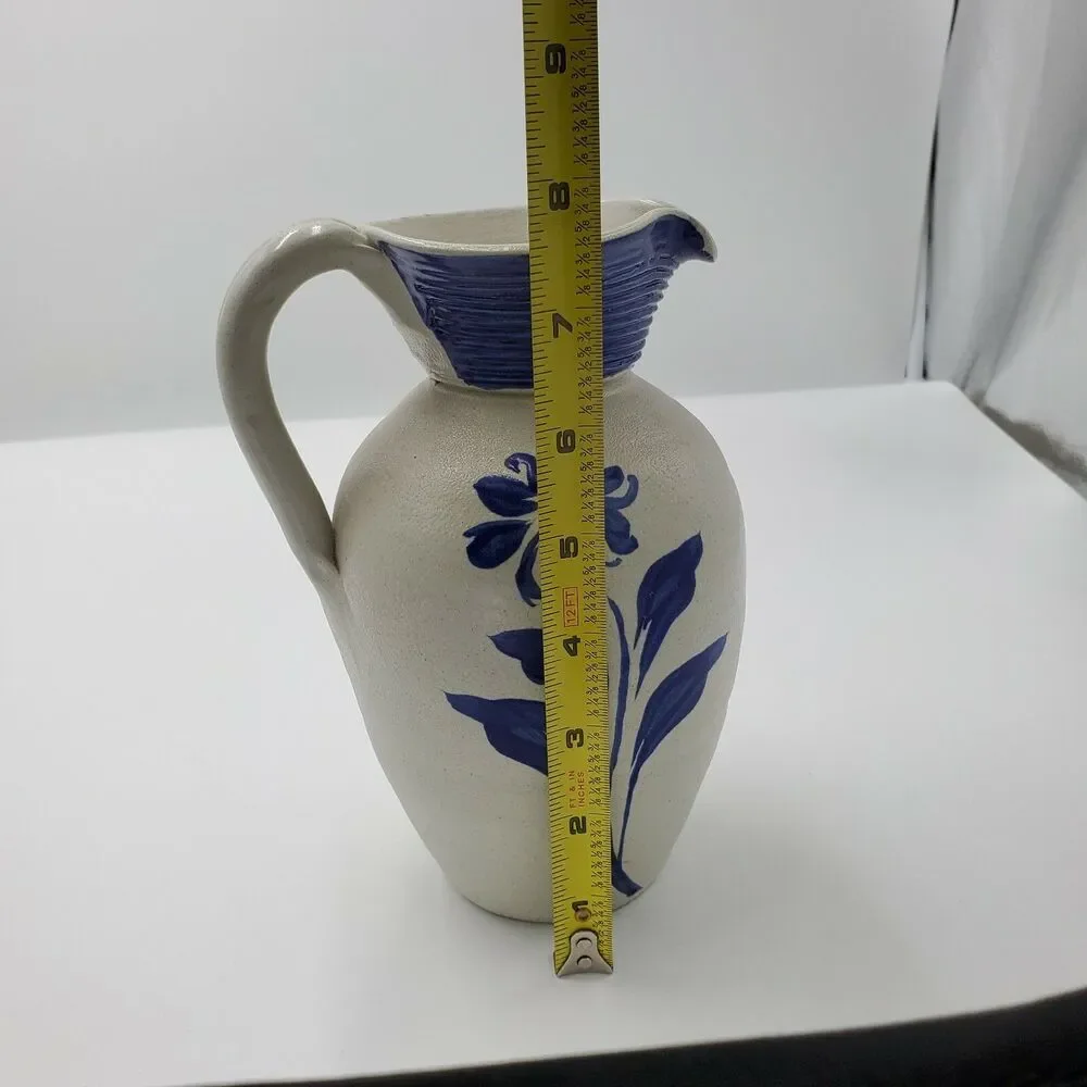 Williamsburg Pottery Country Style Pitcher Vase Cobalt Blue Flowers Stamped VTG